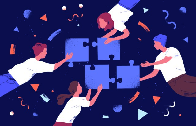 an illustrated image showing people connecting dots in order to design meaningful employee experience