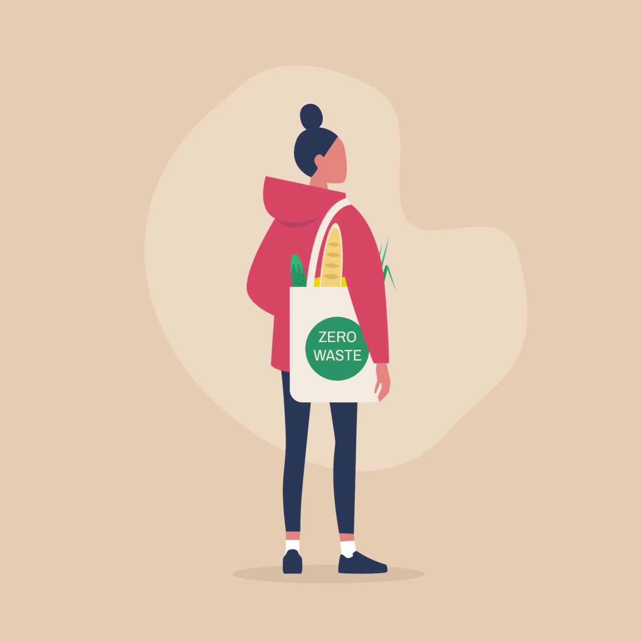 The conscious consumer holds a bag with a tag Zero Waste. 