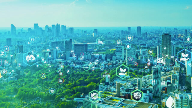 picture of a cityscape with overlays of icons about climate change