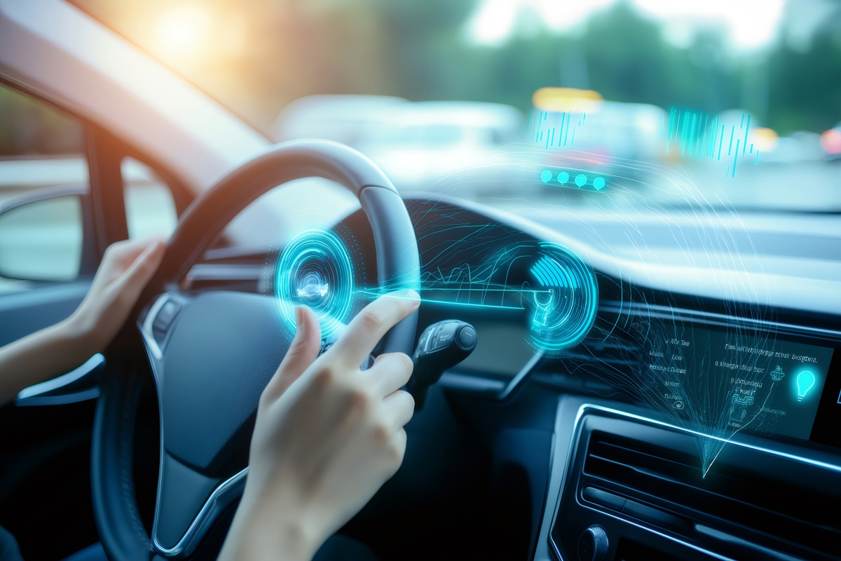 Person using voice command in a car, ordering food, asking for direction.