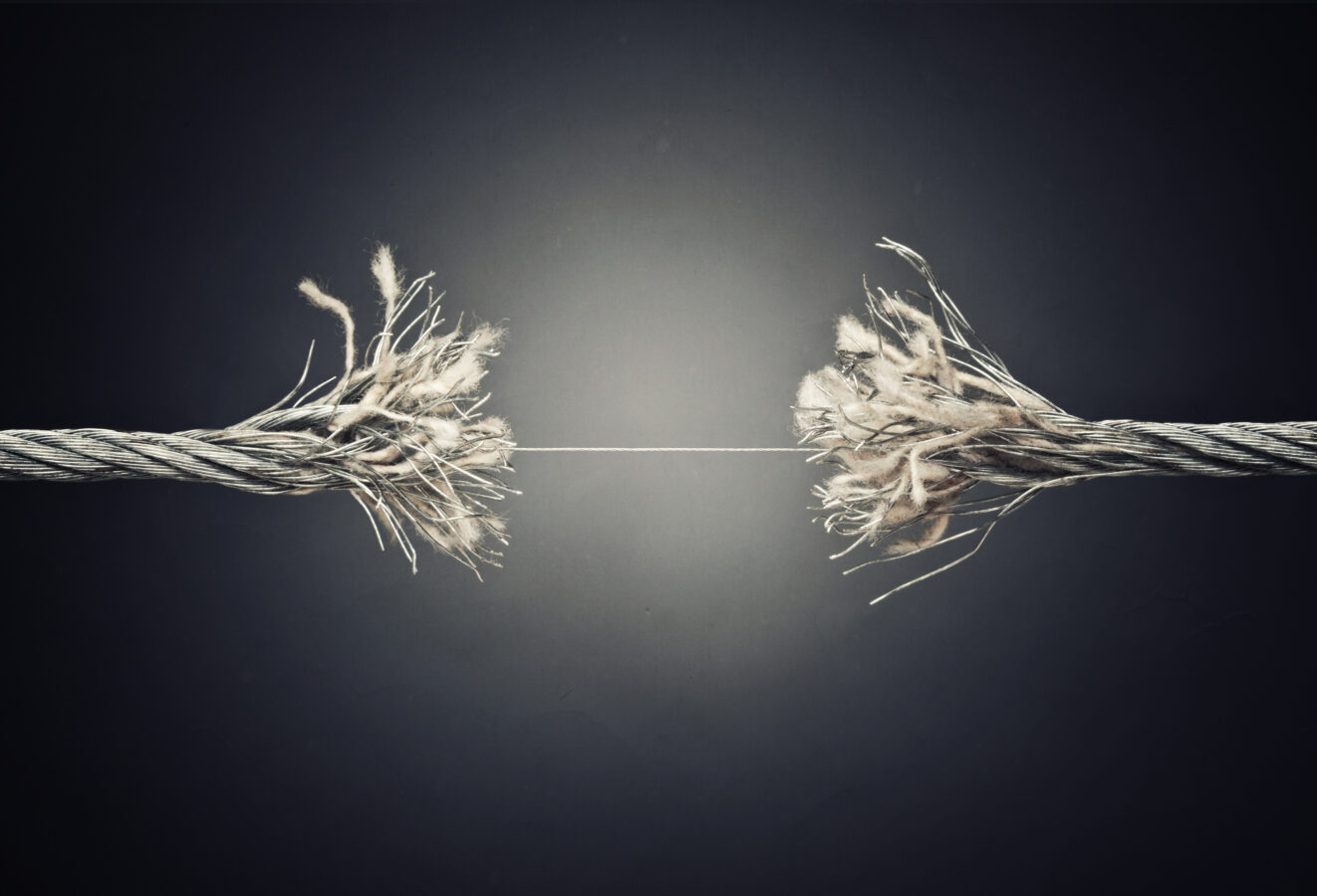 damaged steel wire near to broke crisis concept, depicting manager crisis
