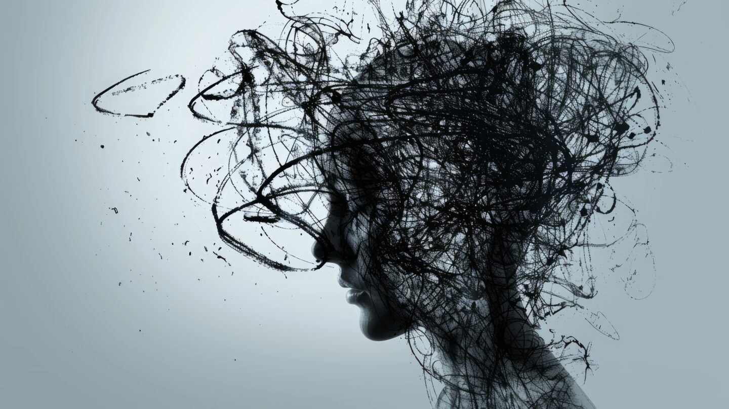 profile silhouette of human head with chaotic scribble lines, concept of Ai anxiety at work