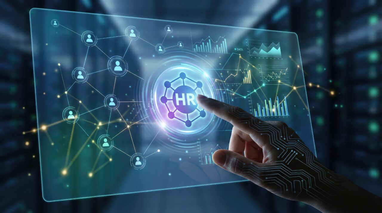 A hand with a digital circuit pattern touches a glass screen showing HR text and a network of connected people in blue light. Representing Best AI HR software