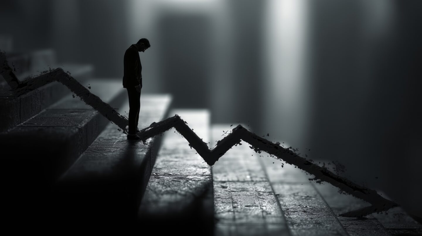 Lone figure looking down set of stairs, symbolising falling CEO confidence
