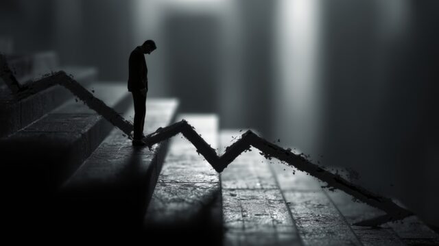 Lone figure looking down set of stairs, symbolising falling CEO confidence