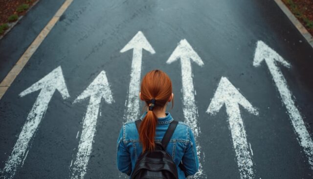 Girl faces multiple paths symbolizing choice and future career decisions. Depicting AI and entry-level jobs landscape