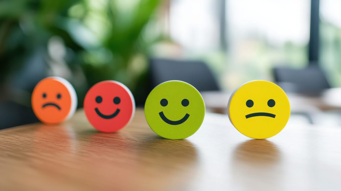 Colorful smiley face emojis on office desk for feedback, symbolising Employee satisfaction survey
