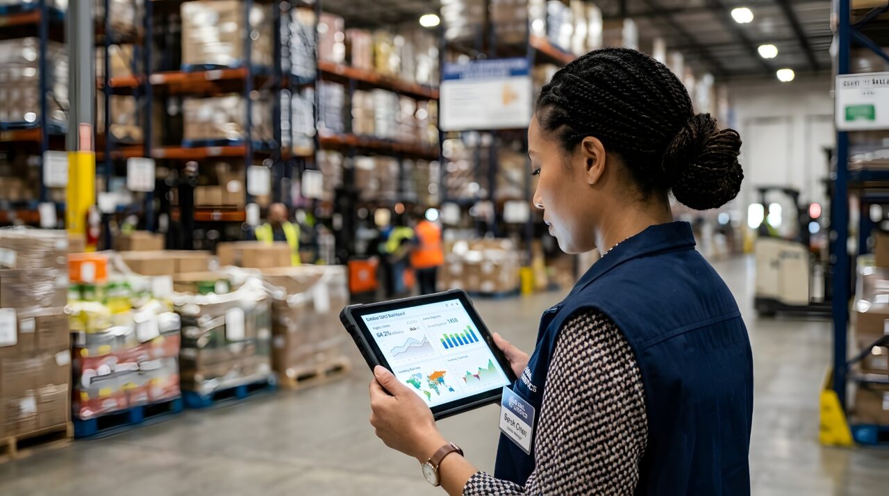 Professional female logistics manager holding a digital tablet, symbolising retail employee retention