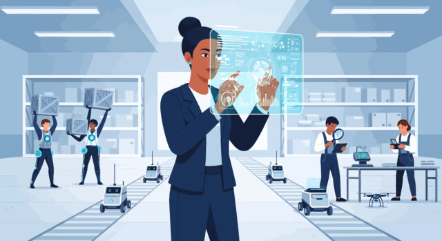 Woman using futuristic holographic interface in a modern factory with automated robots and workers, depicting frontline AI gap