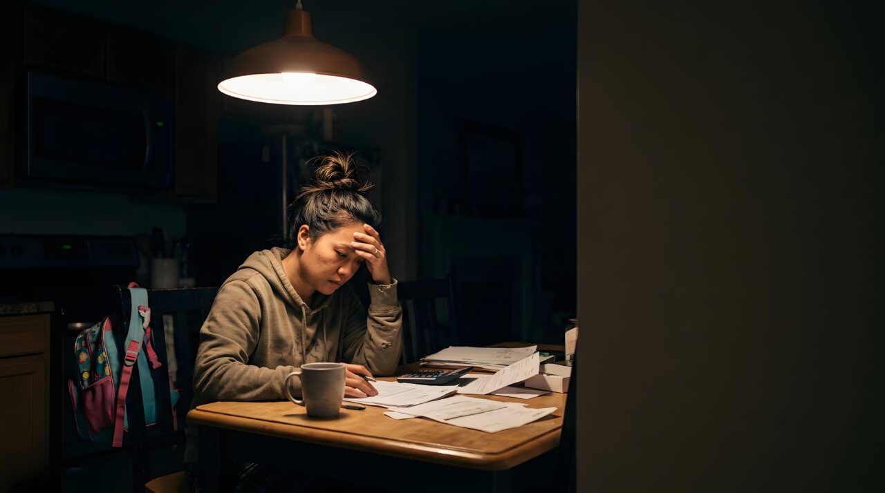 Stressed woman working late at night dealing with financial stress financial paperwork accounting