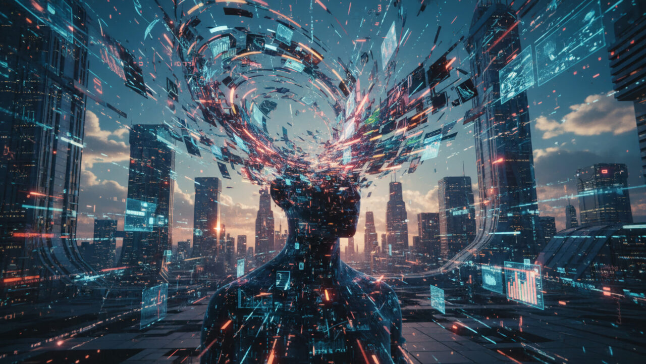 Information Overload with Data Streams Around Head, symbolising AI fatigue