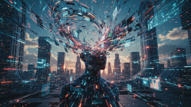 Information Overload with Data Streams Around Head, symbolising AI fatigue