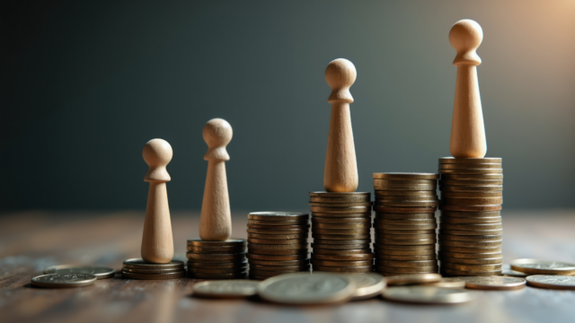 Wooden pawns stand on ascending coin stacks. Represents wealth gap income disparity social class differences or financial growth strategies. Gen Z pay.