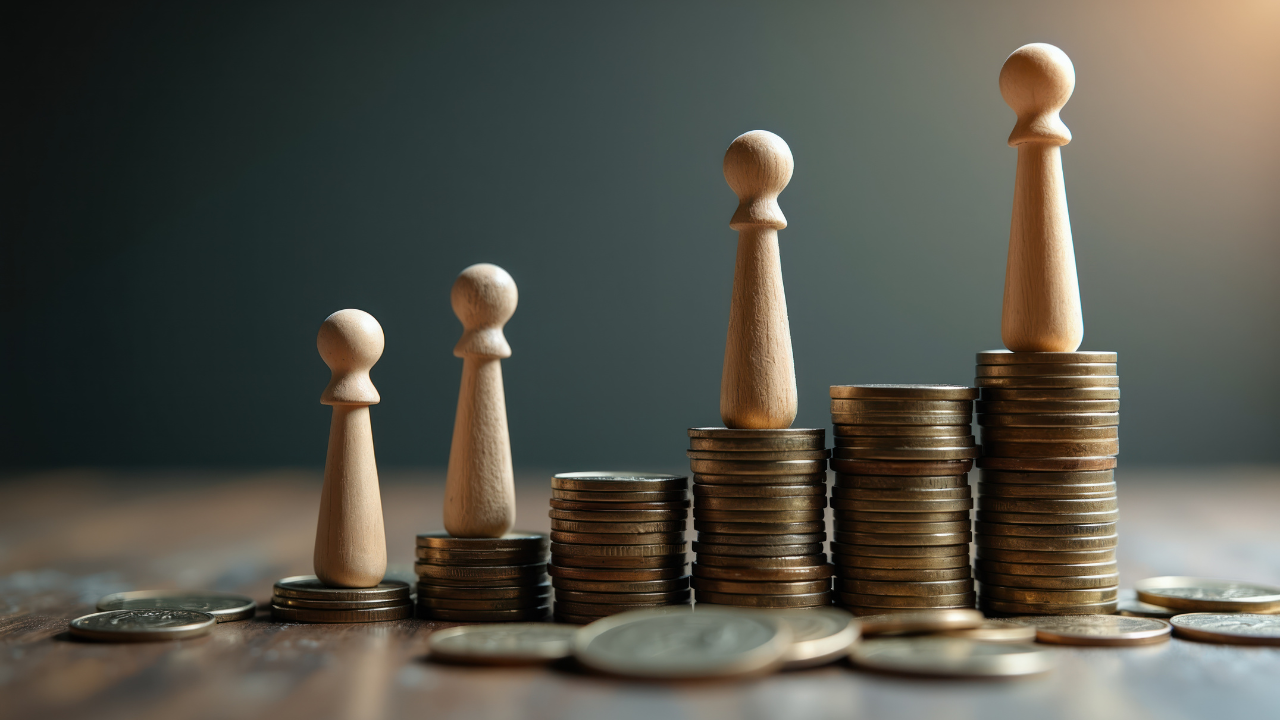 Wooden pawns stand on ascending coin stacks. Represents wealth gap income disparity social class differences or financial growth strategies. Gen Z pay.