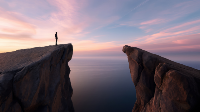 Silhouette of a person standing on edge of a cliff overlooking a gap to another cliff with a serene ocean and colorful sunset background, symbolising AI layoff gap.