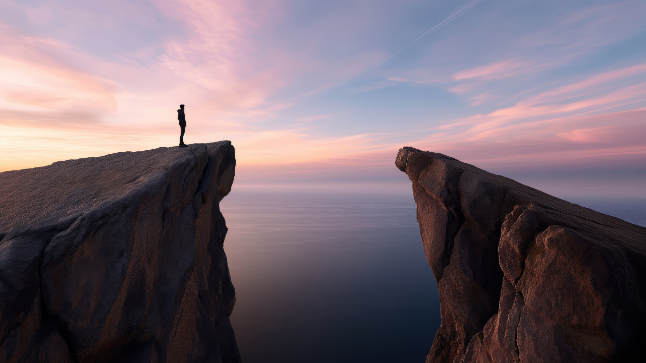 Silhouette of a person standing on edge of a cliff overlooking a gap to another cliff with a serene ocean and colorful sunset background, symbolising AI layoff gap.