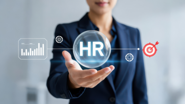 Professional businesswoman holding HR hologram concept with icons for human resources and recruitment in modern office, how HR imporoves CX